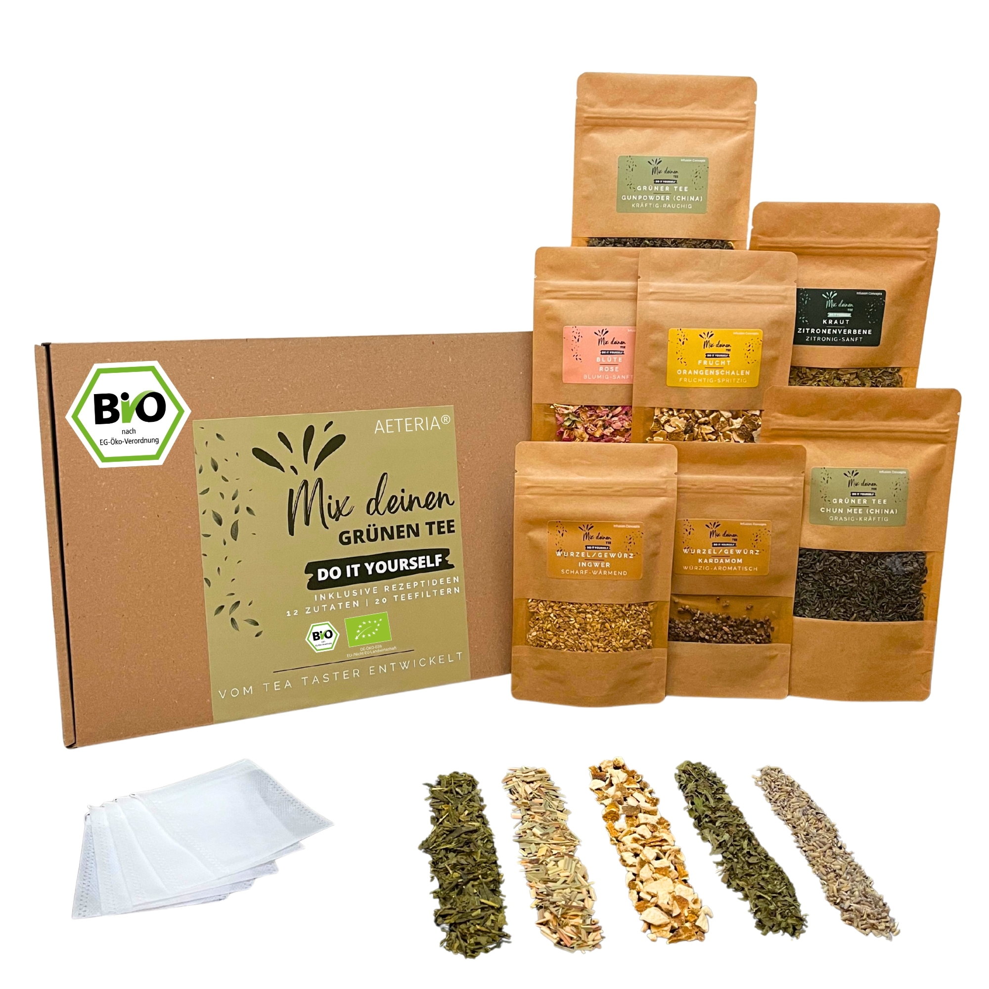 AETERIA® | BIO Mix deinen Grüntee Geschenkset - DIY Tee Selber Mischen mit 12 Zutaten, Rezeptideen & Teefiltern | vom Tea-Taster entwickelt (Kopie)
