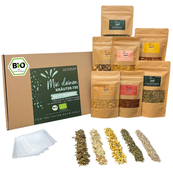 AETERIA® | BIO Mix deinen Kräutertee Geschenkset - DIY Tee Selber Mischen mit 12 Zutaten, Rezeptideen & Teefiltern | vom Tea-Taster entwickelt