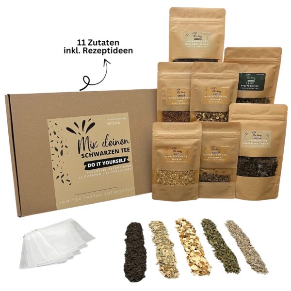 AETERIA® | Mix deinen Schwarztee Geschenkset - DIY Tee Selber Mischen mit 11 Zutaten, Rezeptideen & Teefiltern | vom Tea-Taster entwickelt