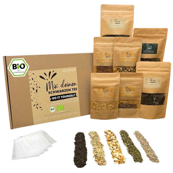 AETERIA® | BIO Mix deinen Schwarztee Geschenkset - DIY Tee Selber Mischen mit 11 Zutaten, Rezeptideen & Teefiltern | vom Tea-Taster entwickelt