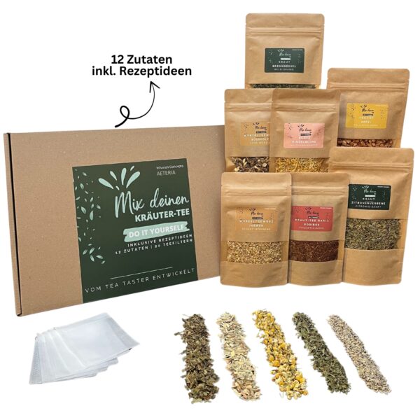 AETERIA® | Mix deinen Kräutertee Geschenkset - DIY Tee Selber Mischen mit 12 Zutaten, Rezeptideen & Teefiltern | vom Tea-Taster entwickelt